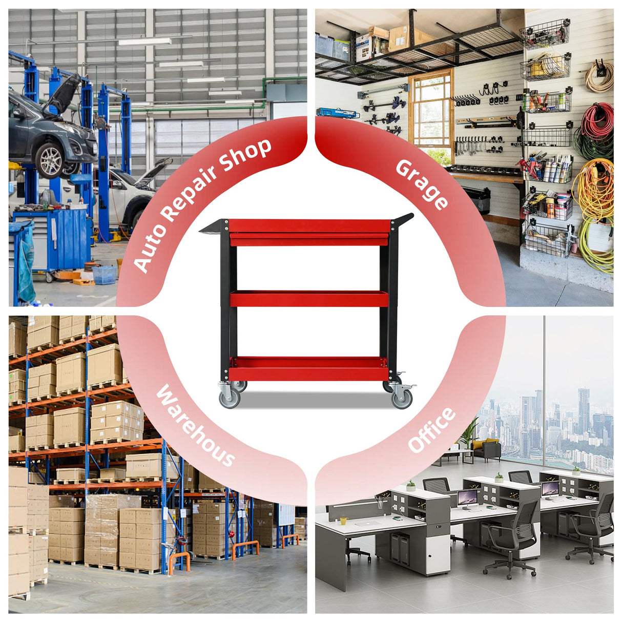 XCX 3 Tier Tool Cart on Wheels, Heavy Duty Metal Rolling Tool Cart with Drawers and Pegboards, 660 LBS Load Capacity Tool Storage Cart, Industrial Utility Tool Cart for Garage, Warehouse, Workshop XCX