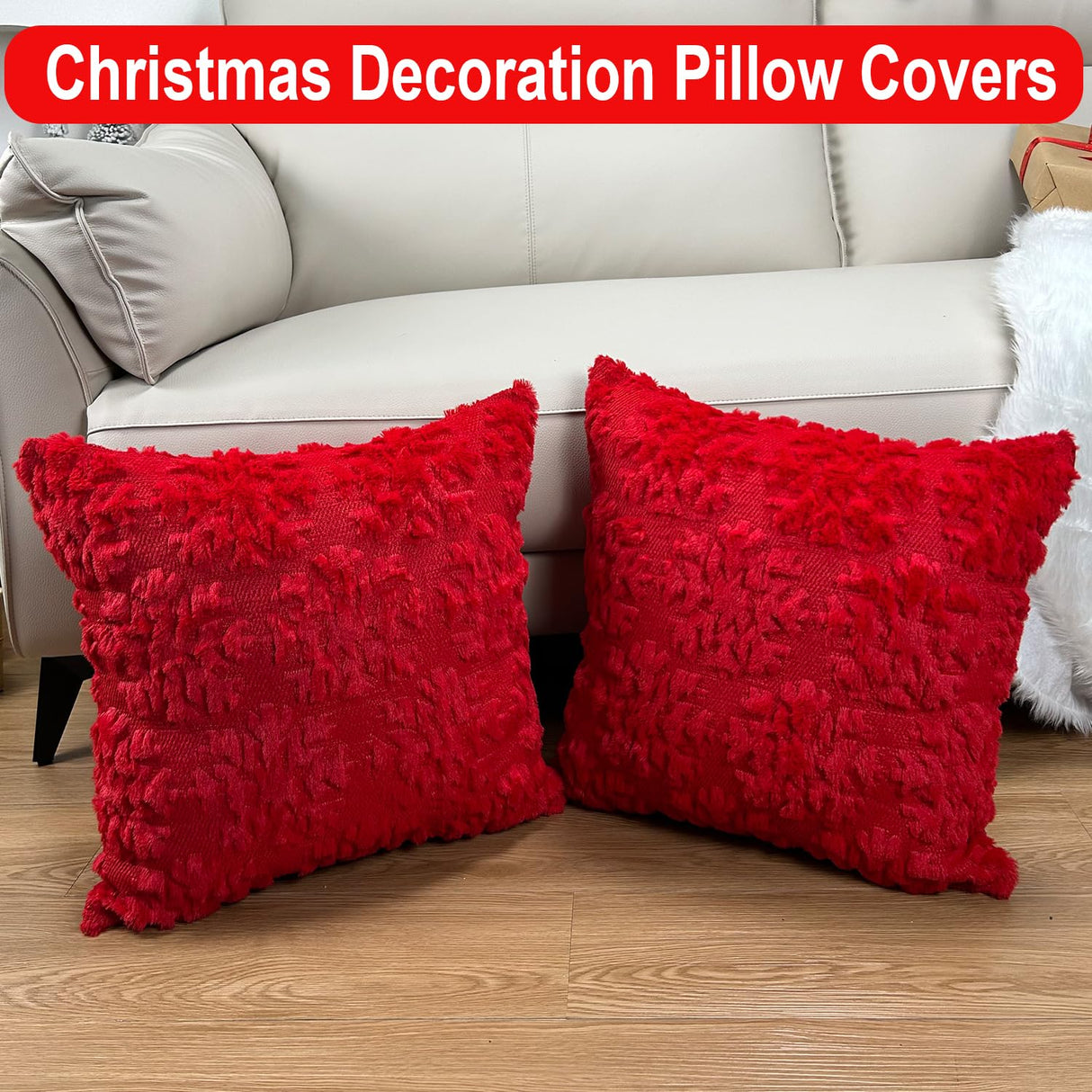 Christmas Pillow Covers 18'' x 18'' Set of 2, Soft Faux Rabbit Fur 3D Embroidery Snowflakes Throw Pillow Covers For Holiday Christmas Decor Sofa, Couch, Party, Invisible Zipper, Skin-Friendly TOYPOPOR