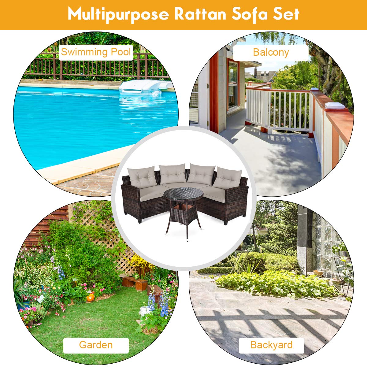 HAPPYGRILL 4 Pieces Curved Outdoor Sofa Set Rattan Wicker Patio Furniture Set with Coffee Table & Cushions Modern Conversation Set Curved Sofa Set for Garden Poolside Balcony HAPPYGRILL