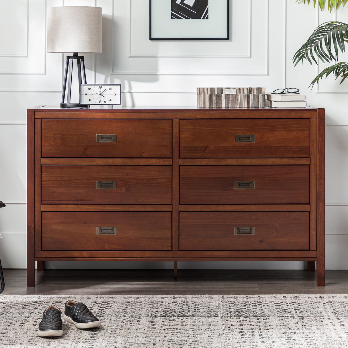 Walker Edison Traditional Simple Wood Accent Entryway Console Sideboard Living Room Storage Shelf, 6 Drawer, Walnut Walker Edison