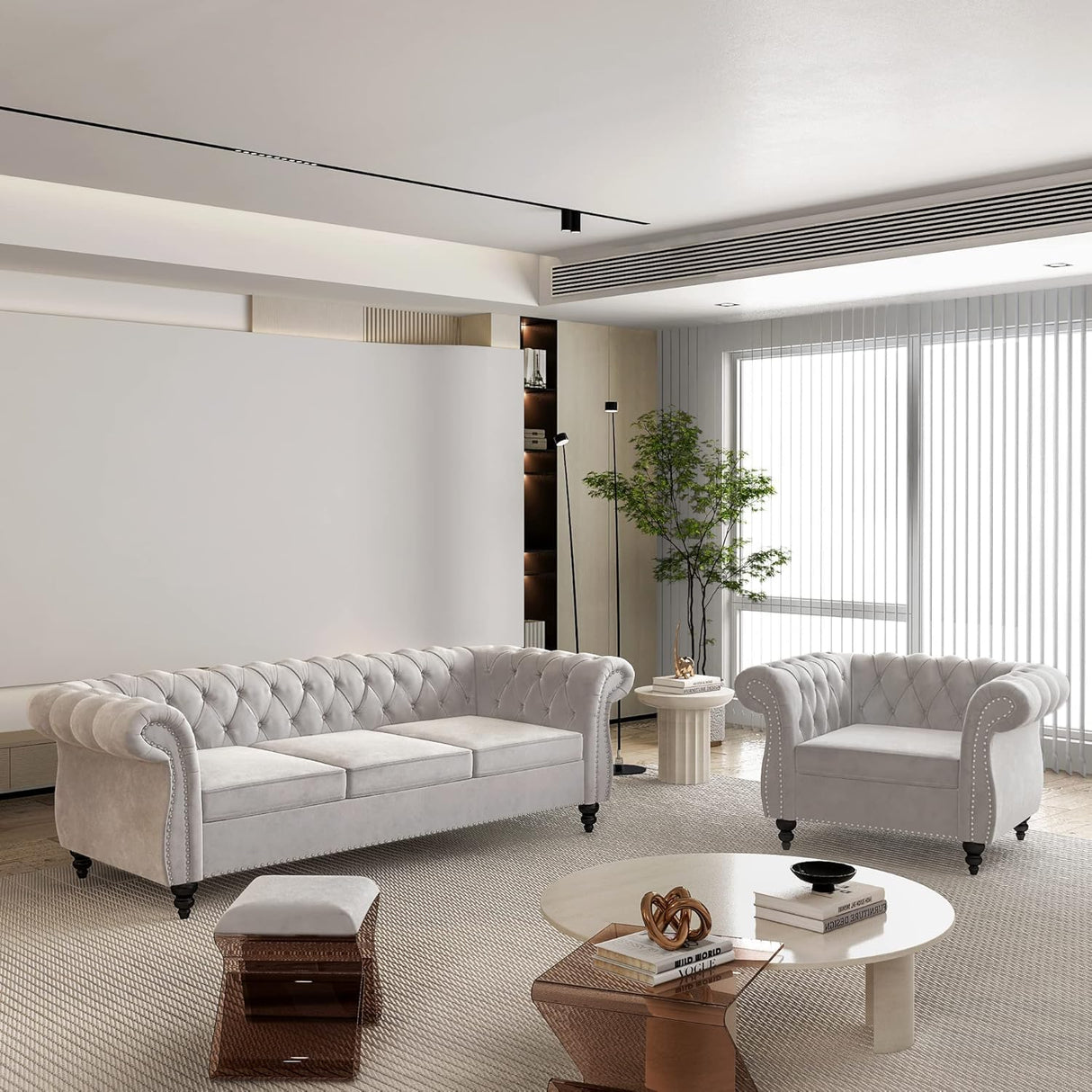 RUSTYER Chesterfield 3 Seater Sofa, Modern Velvet Tufted Couch 3 Seater with Rolled Arms and Nailhead Mid-Century Upholstered Couch for Living Room, Bedroom, Apartment and Office, Grey RUSTYER