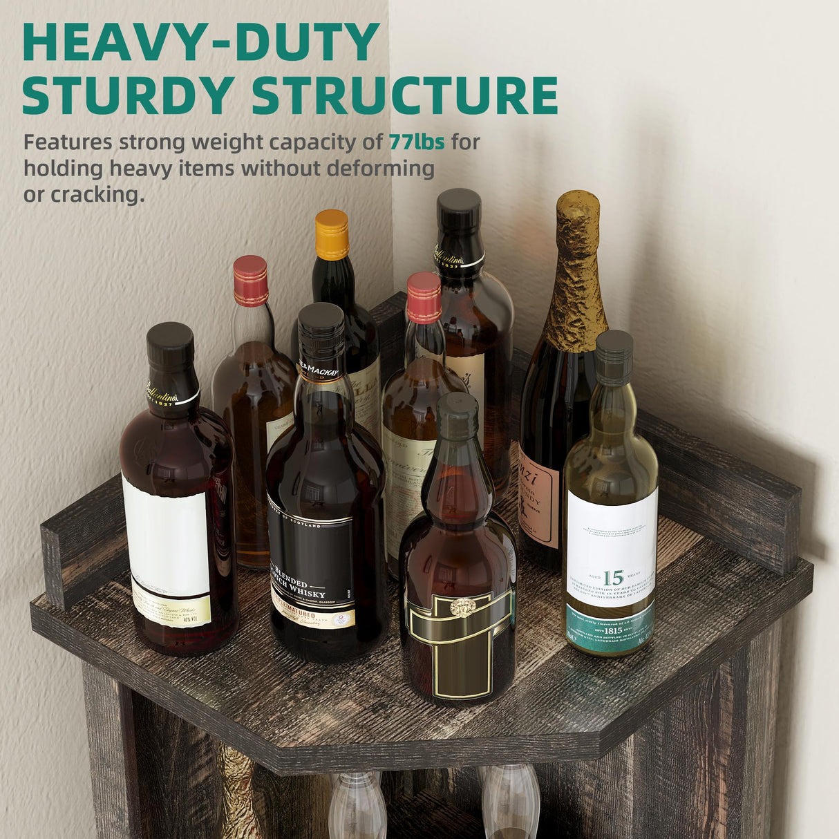 YITAHOME 53" Farmhouse Corner Wine Bar Cabinet 4-Tiers Liquor Cabinets with LED Lights and Glass Door and Glass Holder for Home Kitchen and Living Room, Dark Rustic Oak YITAHOME