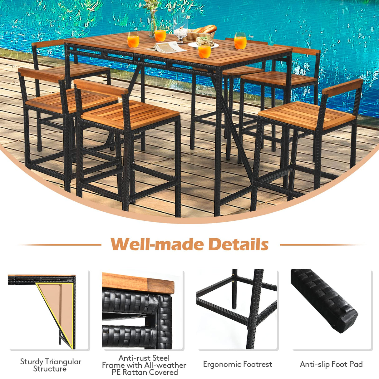 Tangkula 7-Piece Acacia Wood and Rattan Outdoor Bar Set with Umbrella Hole and Backrest Stools Tangkula