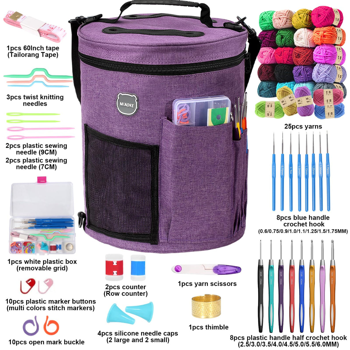 MIAOKE 79pc Crochet Kit, Large Knitting Bag Yarn Storage Organizer, Crocheting Starter Kits with Waterproof Bag, Beginner Knitting Accessories Set, for Beginners Adults Travel Crochet Supplies MIAOKE