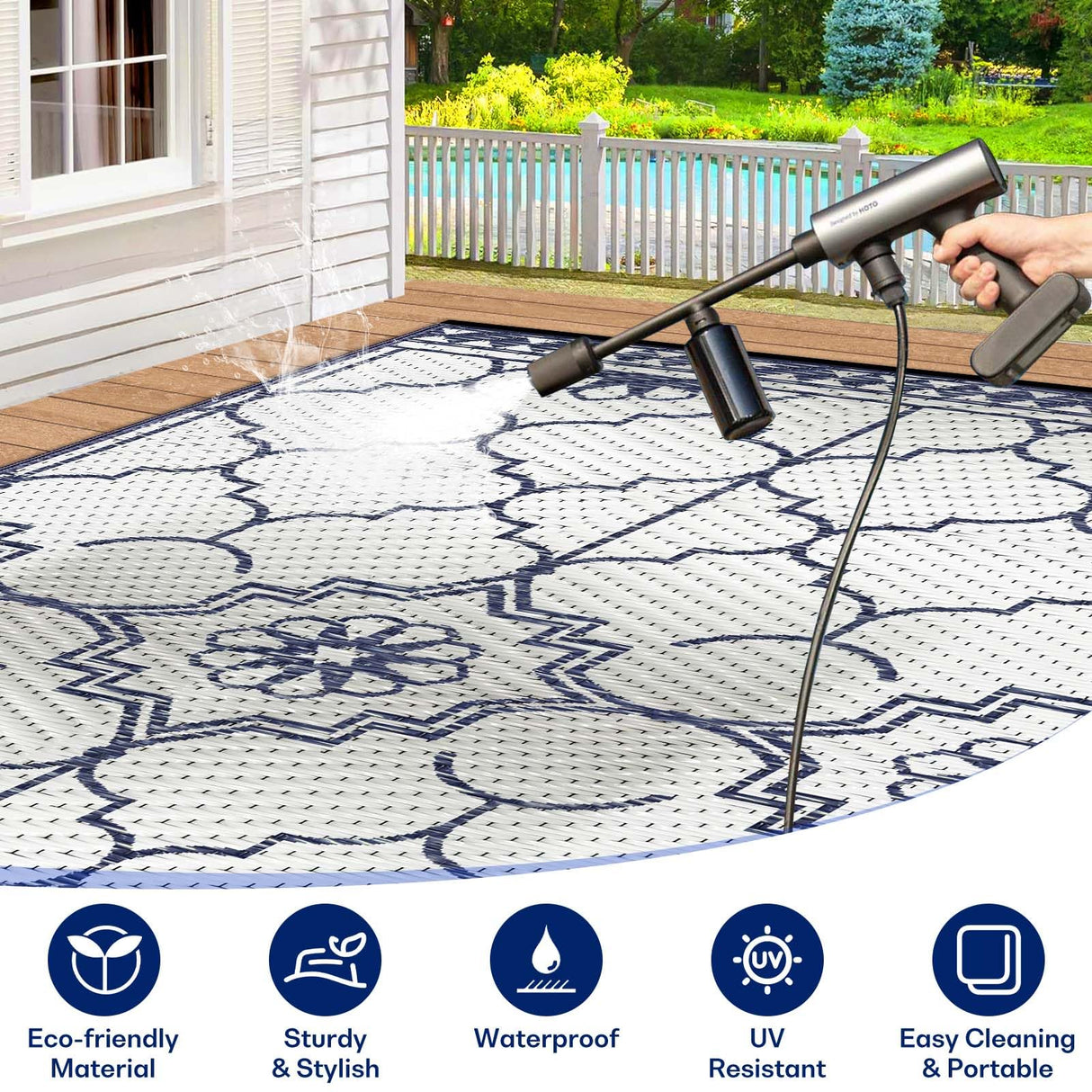 9x12Ft Outdoor Rug, Solar Powered Outdoor Rug with 131LEDs Strip Lights for House Deck, Waterproof Plastic Reversible Outdoor Straw Rugs, Rugs Mat RV Camping Patio Beach Balcony Picnic (Blue White) Capybland