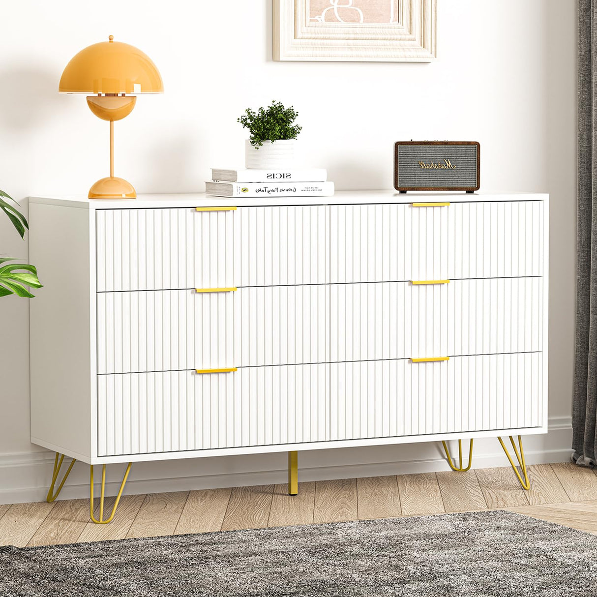 FURNIWAY White Dresser, Modern 6-Drawer Dresser for Bedroom with Gold Handles, Wide Chest of Drawers for Living Room FURNIWAY