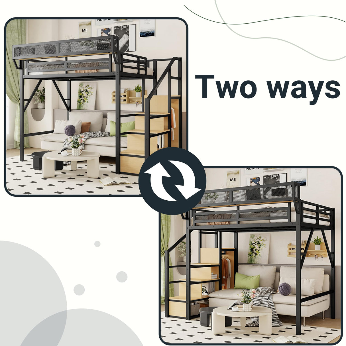 Mirightone Full Size Loft Bed with Stairs, Metal Loft Beds, High Loft Bed Frame with Storage Shelves, Lofted Full Bed with Wardrobe for Kids and Teens, No Box Spring Needed (Black+Natural) Mirightone