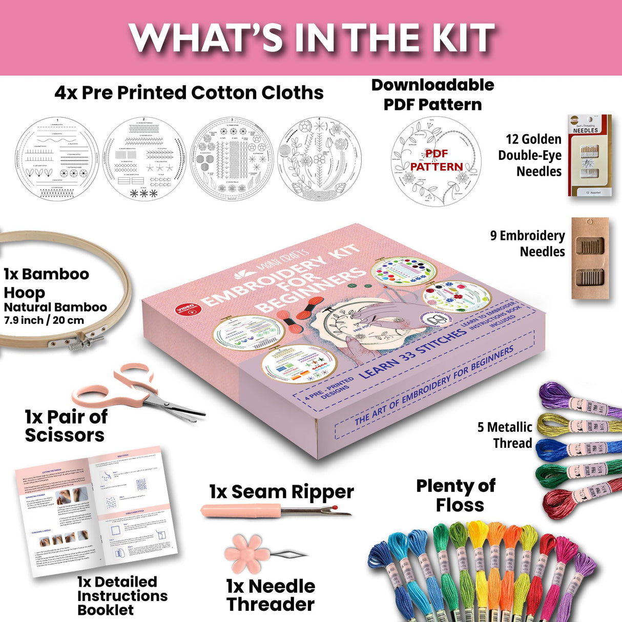 Moni Crafts Embroidery Kit for Beginners – DIY Hand Embroidery Set for Adults and Kids with 4 Stamped Patterns, Hoop, Threads, Needles and Step-by-Step Stitch Guide to Learn 33 Stitches Moni Crafts