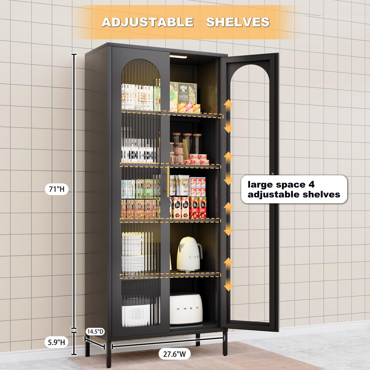 OSEILLC Metal Storage Cabinet,71" Display Cabinet with Fluted Glass Doors,Tall Display Curio Cabinet with Doors and Shelves,Black Cabinet for Pantry,Kitchen,Living Room OSEILLC