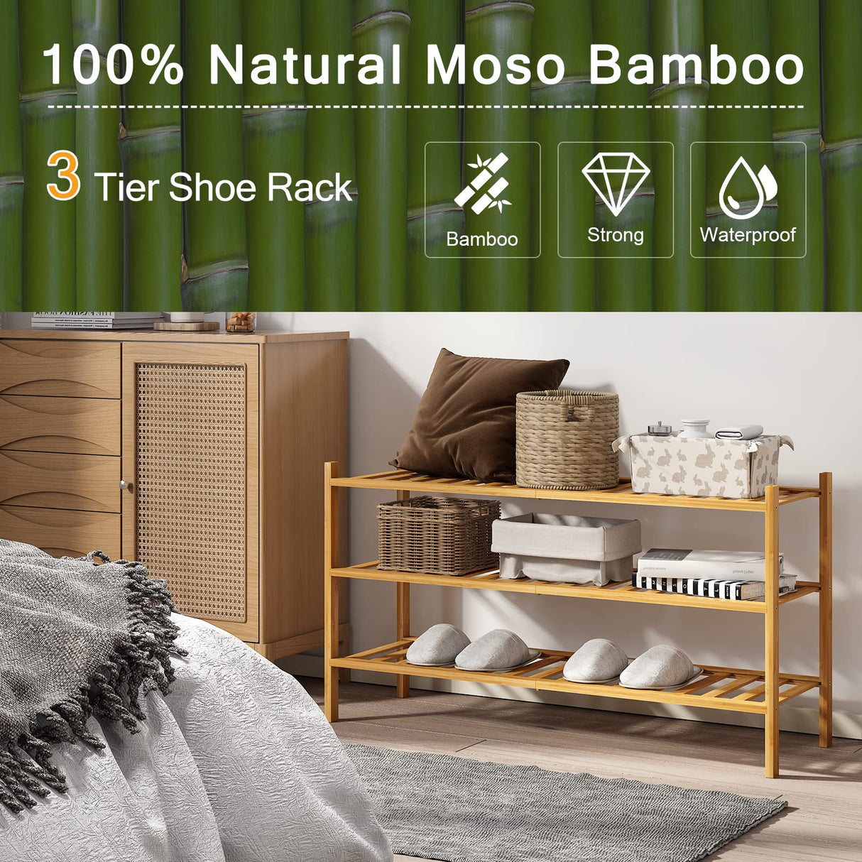 Furshus Long Shoe Rack, 3-Tier Bamboo Stackable Shoe Shelf Storage Organizer, Shoe Stand for Closet, Entryway and Hallway Furshus