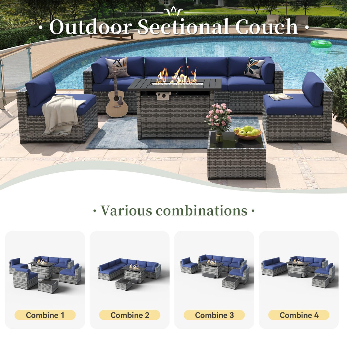 Aoxun 8 Piece Patio Furniture Set with 44” Fire Pit Table Paito Conversation Set Wicker Rattan Outdoor Sectional Sofa Set with Waterproof Cover and Thickened Cushions (Grey/Blue) Aoxun