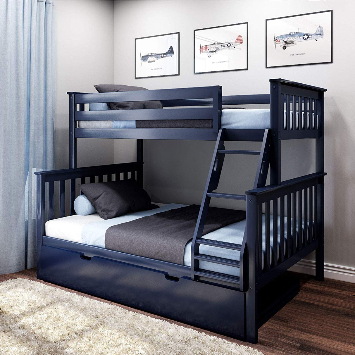Max & Lily Twin-Over-Full Bunk Bed Frame with Trundle in Blue Max & Lily