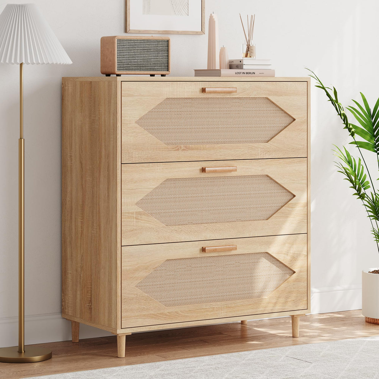 EliteEdge 31.5" Wide 3-Drawer Dresser with Rattan Fronts, Modern Wood Oak Chest of Drawers for Bedroom Closet Storage, Natural Wood Organizer for Kids Room, Hallway and Living Room Decor EliteEdge