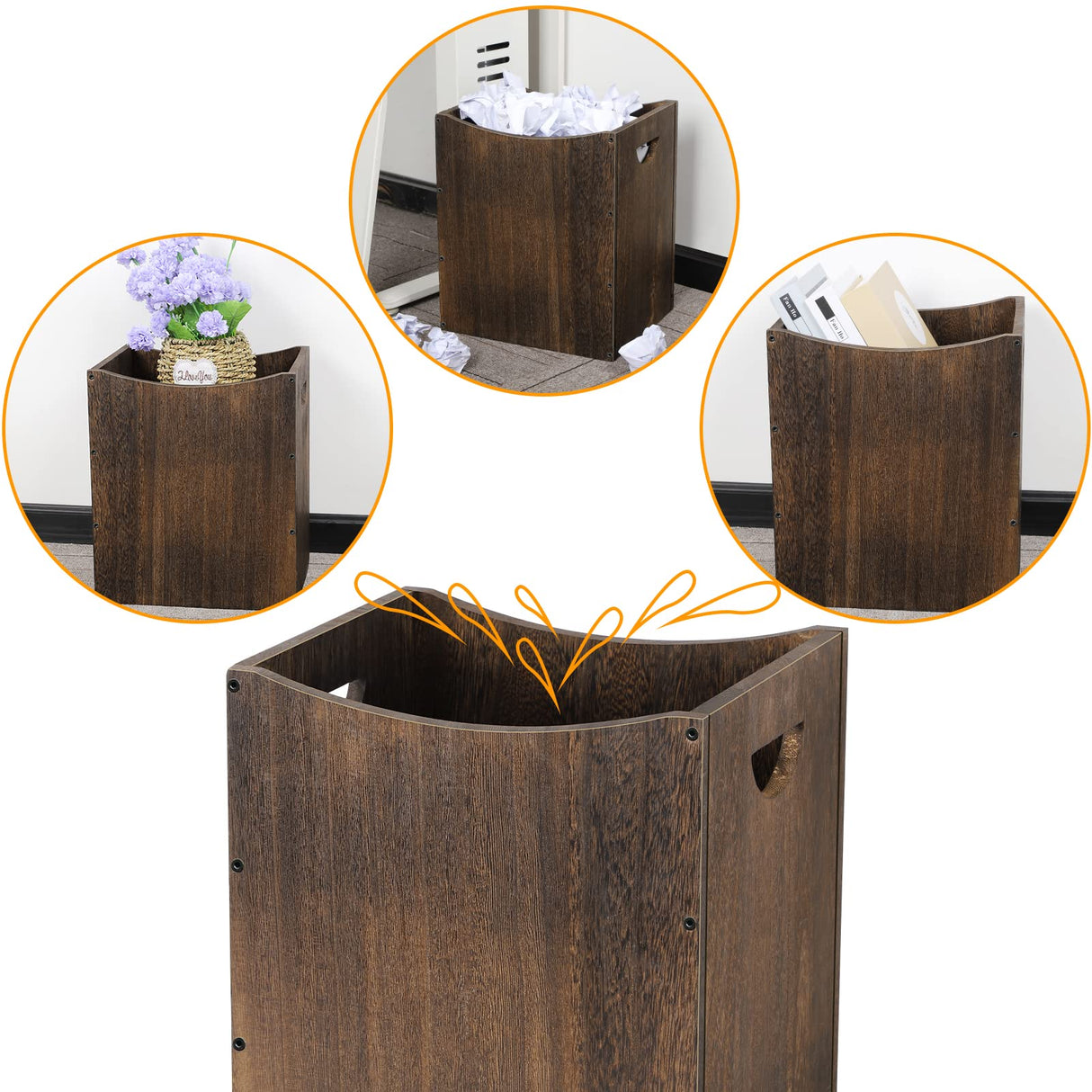 Wood Trash Can 5.3 Gallon Office Wastebasket Farmhouse Rectangular Garbage Can with Built-in Handles Small Trash Can for Bedroom Office Kitchen Bathroom Under Desk Large Storage Vrisa