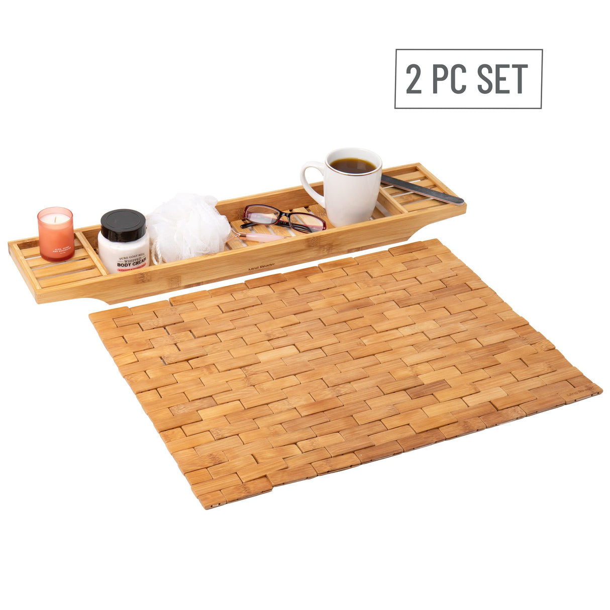 Mind Reader Bathtub Tray and Bath Mat Set, Bathroom Accessories, Rayon from Bamboo, 27.5" L x 5.75" W x 1.75" H, 2 pcs, Brown Mind Reader