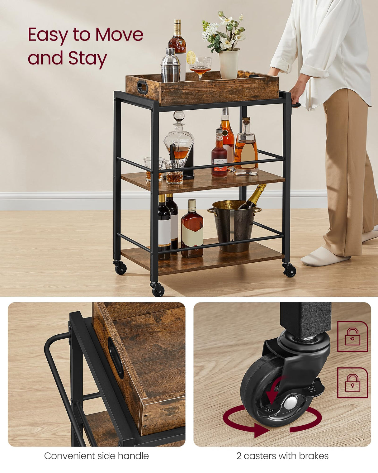 VASAGLE Kitchen Serving Cart with Removable Tray, 3-Tier Kitchen Utility Cart on Wheels with Storage, with Brakes, Leveling Feet, 15.7 x 28.3 x 33.9 Inches, Rustic Brown and Black ULRC72X VASAGLE