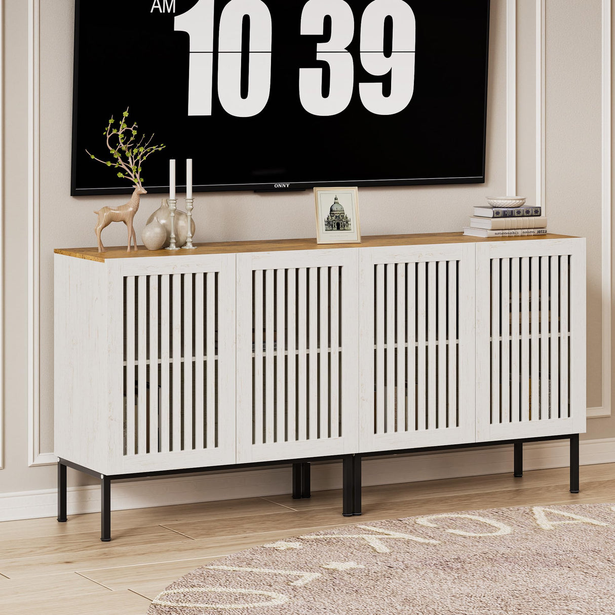 BVIUNTWO Farmhouse Buffet Cabinet with Storage, 63" Metal Base Console Table with Adjustable Shelves & 4 Doors, Antique White Sideboard for Kitchen, Dining Room, Living Room BVIUNTWO