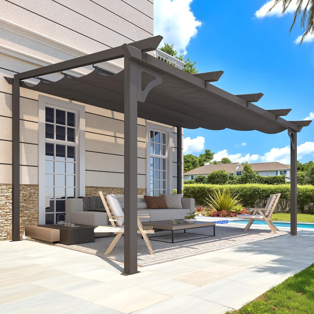AECOJOY 14' x 10' Gazebo for Patio, Retractable Pergola with Adjustable Sun Shade Canopy Roof, Small Wall-Mounted Lean to Outdoor Pergolas and Gazebos Clearance, Metal Awnings for Decks, Patio AECOJOY