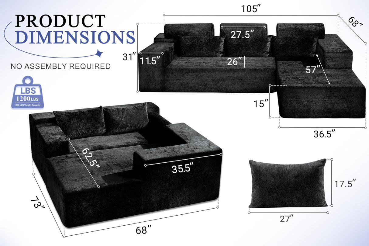 HABUTWAY 105" L-Shape Modular Sectional Sofa Couch for Living Room,No Assembly Required,Modular Comfy Sofa with Deep Seat for Living Room Bedroom,Luxury Distressed Velvet(Right,Black) HABUTWAY