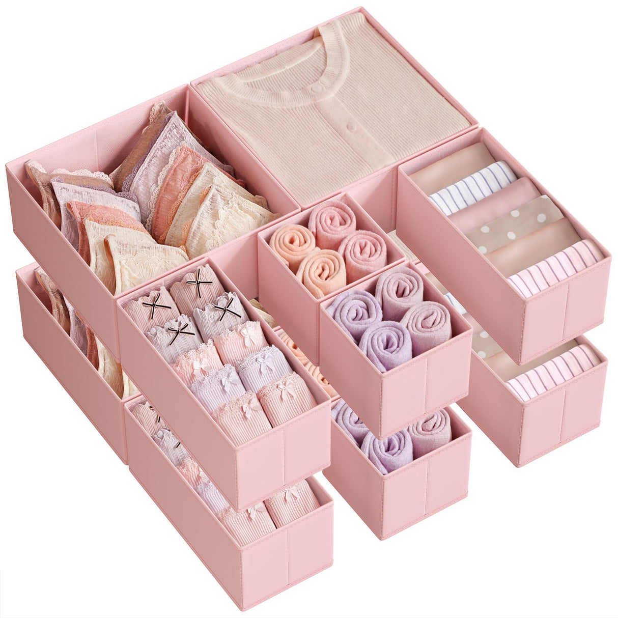 SONGMICS Drawer Organizer, Dresser Drawer Organizers, Set of 12, Foldable Fabric Storage Bins for Socks, Underwear, Bras, Ties, Scarves, Jelly Pink URDZ006R01 SONGMICS