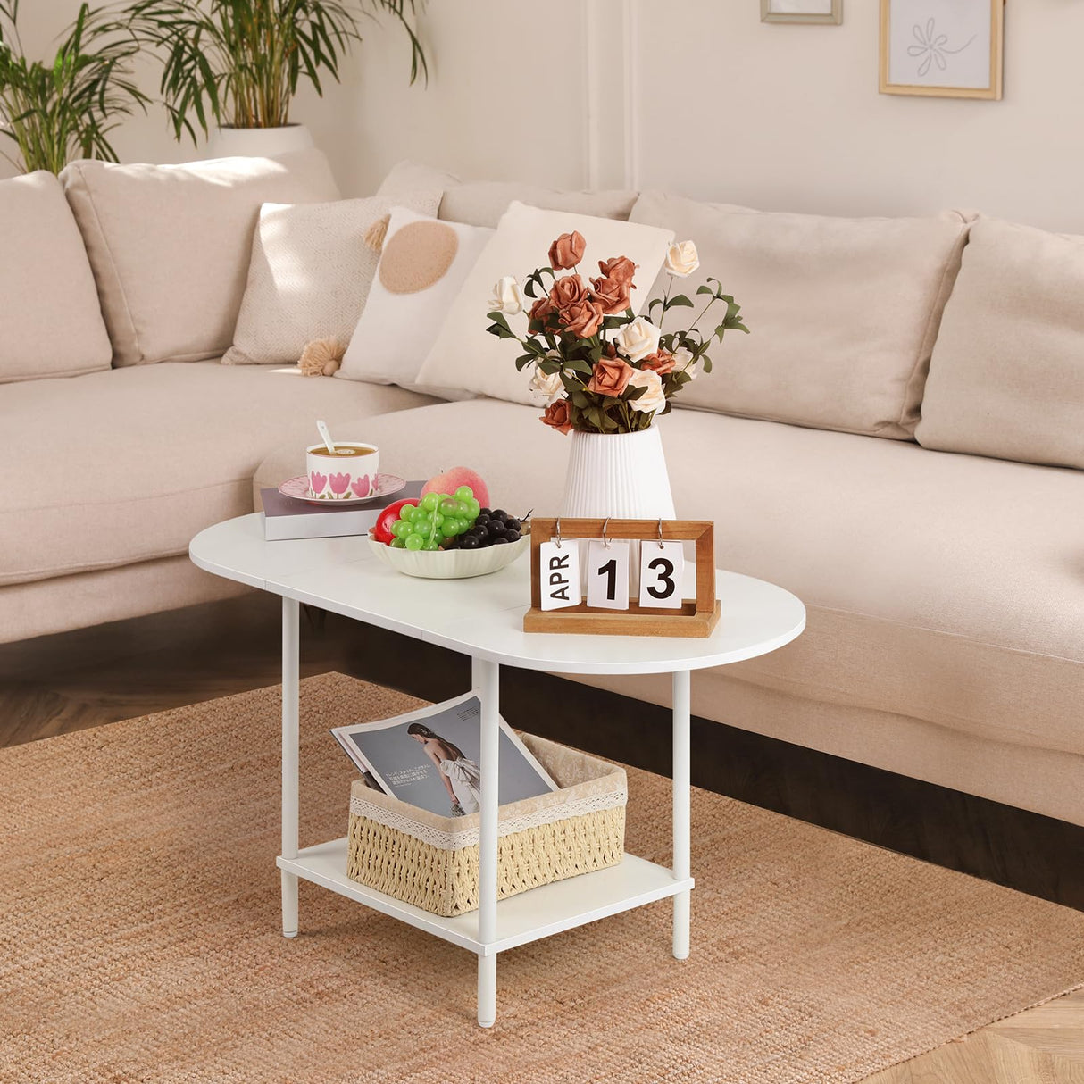 OYEAL White Coffee Table for Living Room, Small Oval Coffee Table with Storage and Wood Tabletop, Mid Century Round Center Table for Small Space, Home Office OYEAL