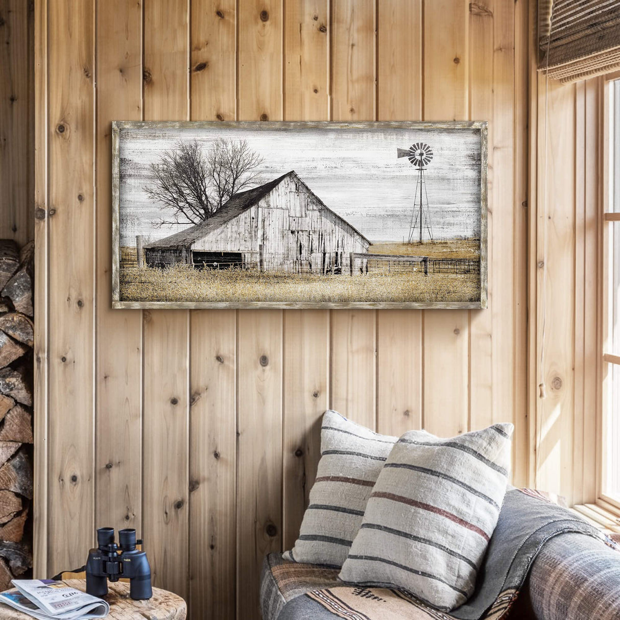 Barn Framed Wall Art Farmhouse: Rustic Farm Wood Picture Decor Large Windmill Country Scene Painting Horizontal Nature Landscape Artwork Panoramic Countryside View Print for Home Living Room Bedroom SD SOFT DANCE
