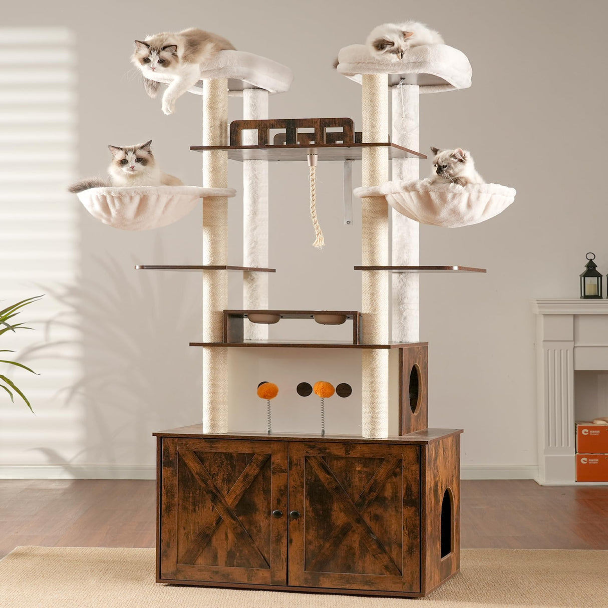 Heybly Cat Tree for Maine Coon with Litter Box Enclosure, 72-inch Wooden Cat Tower for Indoor Cats Large Adult, Big Condo with Food Station, Baskets, Furniture with All-sisal Scratching Post HCT112SR Heybly