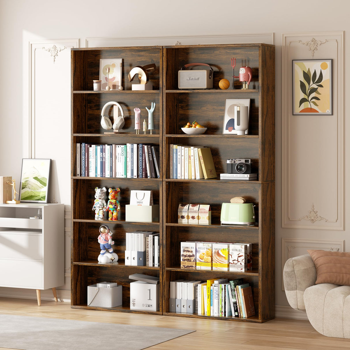 Vongrasig 6-Tier Open Bookcase and Bookshelf, Floor Standing Wood Display Storage Shelves 71 Inch Tall Bookcase Home Decor Furniture for Home Office, Living Room, Bed Room, Rustic Brown, 2 Pieces Vongrasig