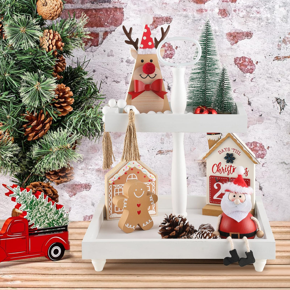 Rustic Wooden 2 Tiered Tray with Bead Garland, SYNCVIBE Square Farmhouse Style Decorative Trays Stand, Wood Serving Tray for Coffee Food Fruits Cupcakes, Home Decor Holiday Housewarming Gifts SYNCVIBE