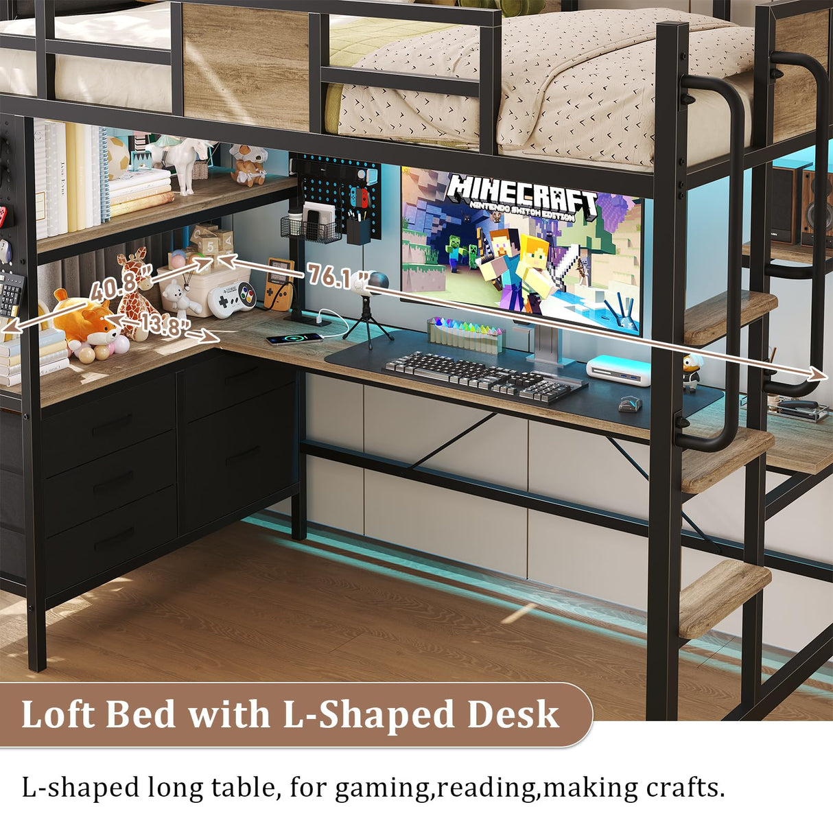 busyaeh Twin Size Loft Bed with L-Shaped Desk and Storage, Bunk Bed with Desk Underneath Drawers, Metal Twin Loft with Clothes Rail, Safety Guard & Stairs, LED Lights, Charging Station, Oak Gray busyaeh