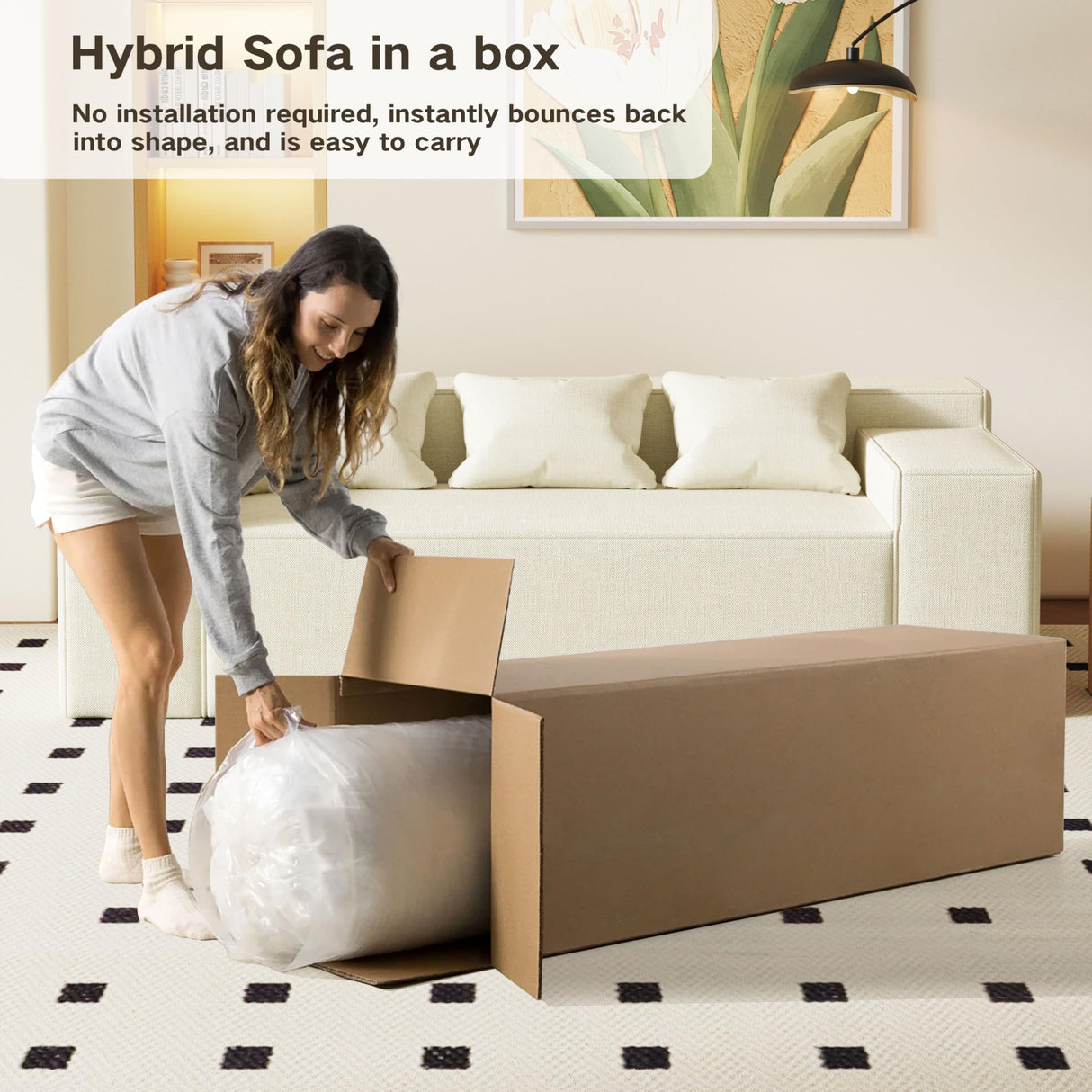 Modern 3-Seater Sofa, Hybrid Sofa in a Box, No Assembly Required, Comfy Sofa Couch with 3 Matching Pillows, Cat-Scratch Resistant Linen, Couch for Living Room or Bedroom, Beige PurrJoys