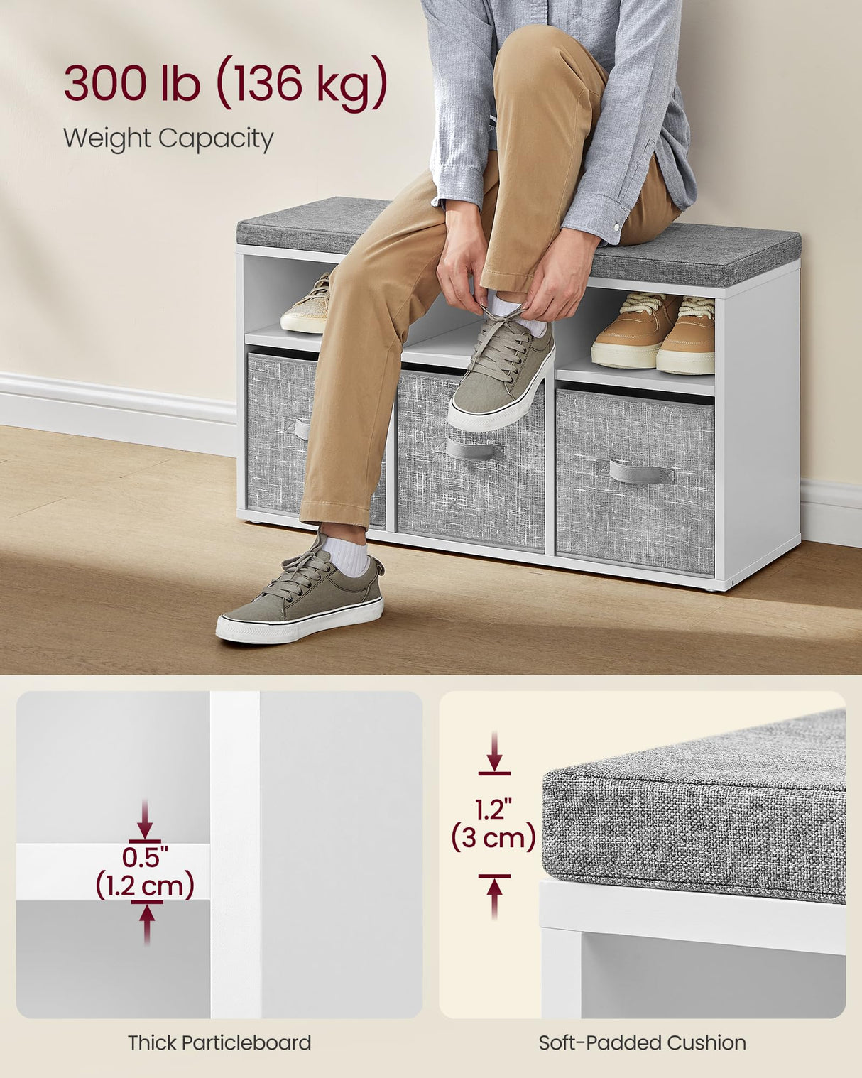 VASAGLE Shoe Bench with Cushion, Shoe Storage Bench with 6 Compartments and 3 Adjustable Shelves, Entryway Bench with 3 Storage Boxes, for Bedroom, Closet, Living Room, Cloud White ULSB101W14 VASAGLE