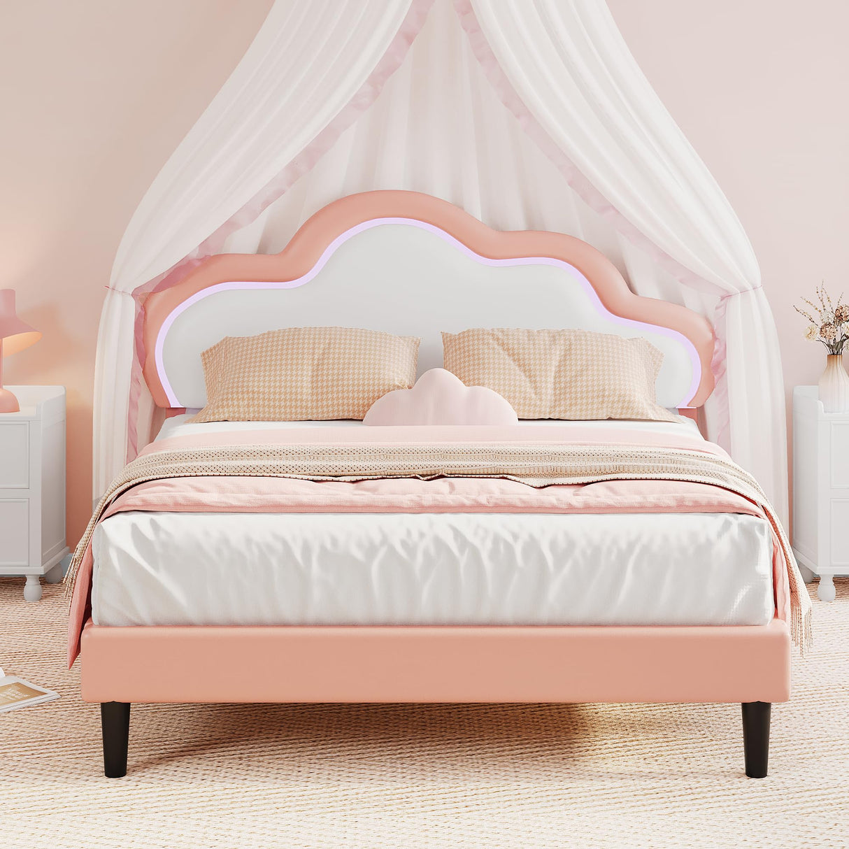 DWVO Pink Full Bed Frame with LED Light, Upholstered Bed PU Leather Adjustable Headboard, LED Platform Bed Wooden Slat Support, Easy Assembly, No Box Spring Required DWVO