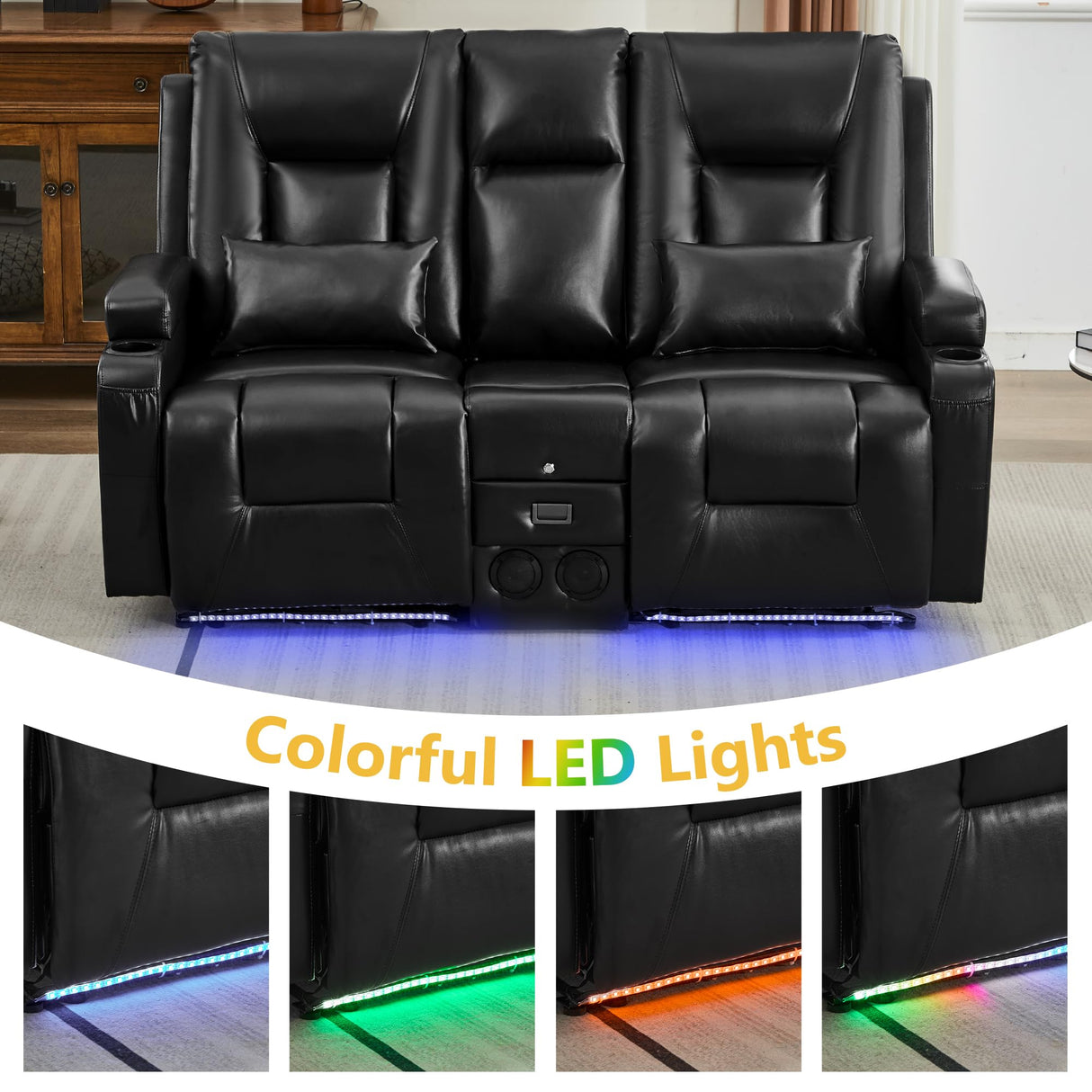 URRED Power Loveseat Recliner Sofa with Flipped Backrest Console, Wall Hugger RV Reclining Loveseat Sofa Couch with LED Light/Bluetooth Speakers/USB/Outlets/Cup Holders/Pillow/Side Pocket, Black URRED