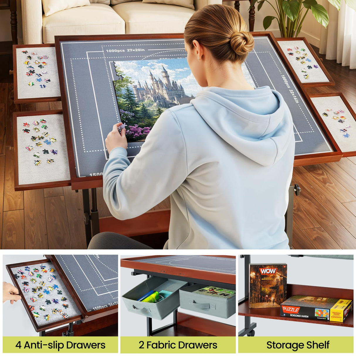 Ostutry Rotating Puzzle Table with Drawers - 1500 Pieces Wooden Jigsaw Table, Adjustable Puzzle Board for Adults Ostutry