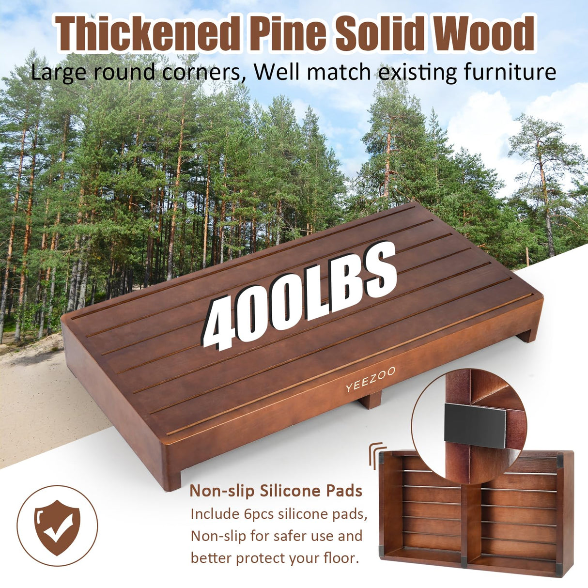 Wooden one Step Stool- Solid Pine Wood Step Riser with Non-Slip Pads, Wood Step Stool for Elderly Adults, high Bed, Bathroom, Kitchen (31.5" L*15.7" W*3.9" H, Brown, 400LBs Capacity) yeezoo