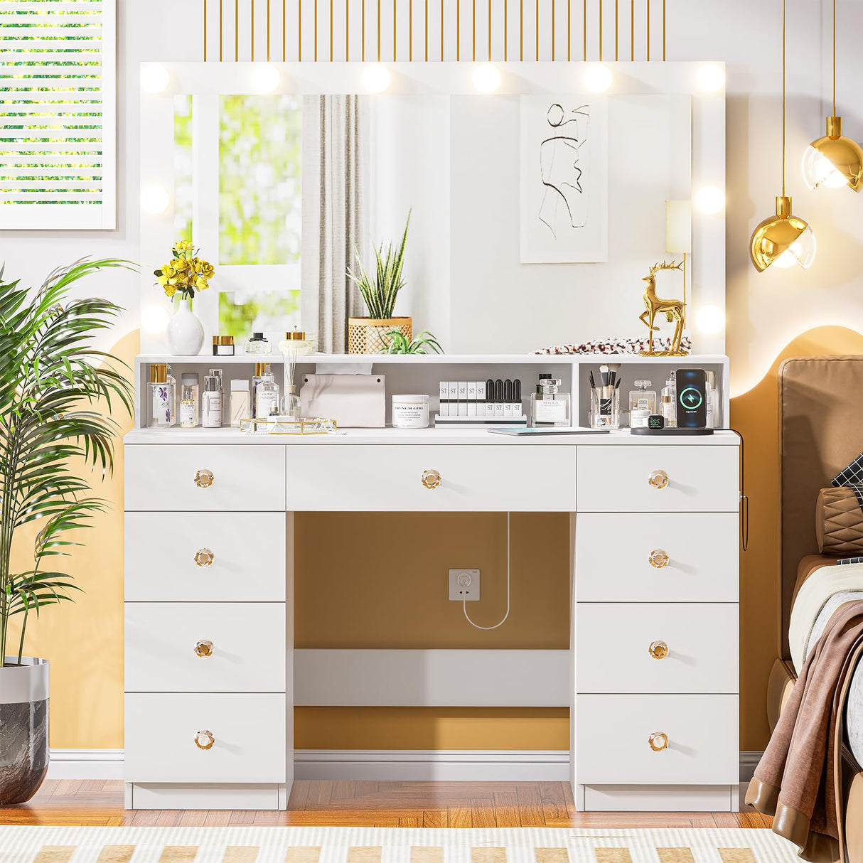 Vanity Desk with Large Lighted Mirror 10 Led Lights,43.3"Large Makeup Vanity with 9 Drawers,Power Outlet,Makeup Dressing Table with Crystal Handles,Christmas Vanity Table for Women Girls (White) DINGIPP