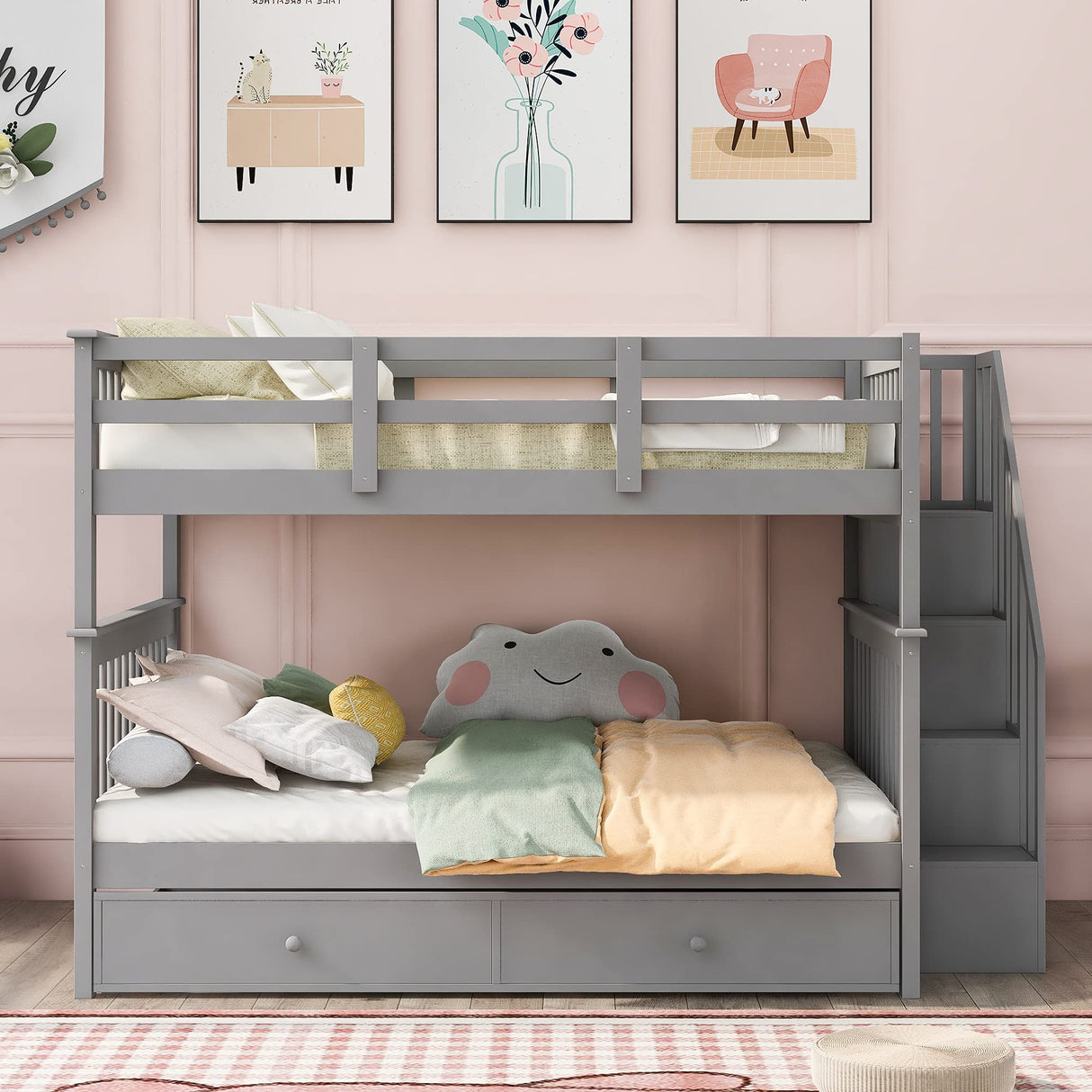 Harper & Bright Designs Full Over Full Bunk Bed with Stairs and Trundle, Wooden Bunk Bed Frame with Storage, for Kids Teens Adults - Gray Harper & Bright Designs