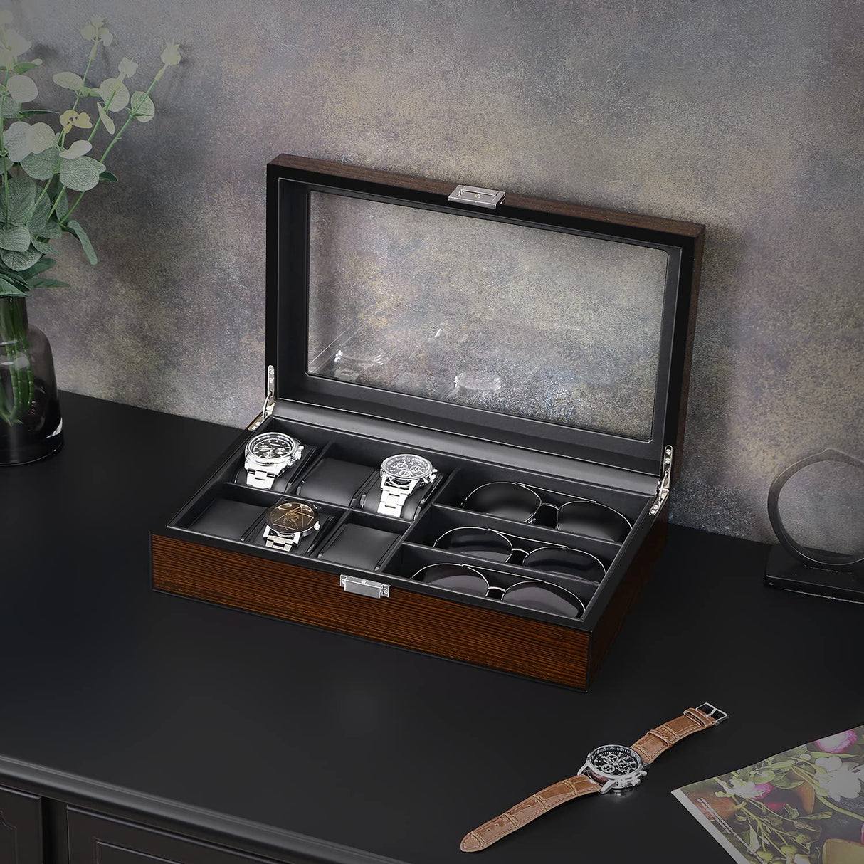 BEWISHOME Watch Box Sunglass Organizer with Real Glass Top, 6 Watch Case and 3 Slots Sunglasses Box for Men, Smooth Faux Leather Interior, Brown SSH15Y BEWISHOME