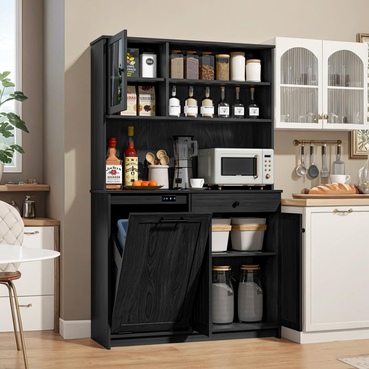 OLD CAPTAIN Tilt Out Trash Cabinet with Deodorising Function, Kitchen Hutch with Microwave Shelf and Drawer, Kitchen Pantry with Trash Cabinet for 10 Gallons, Black OLD CAPTAIN