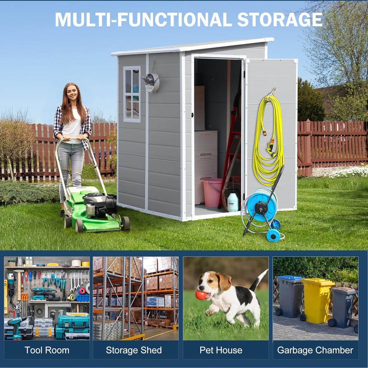 CDCASA 5x4 FT Resin Storage Shed, Waterproof Sheds & Outdoor Storage with Floor & Window & Lockable Door, Tool Shed for Garden, Patio, Backyard, Light Grey CDCASA