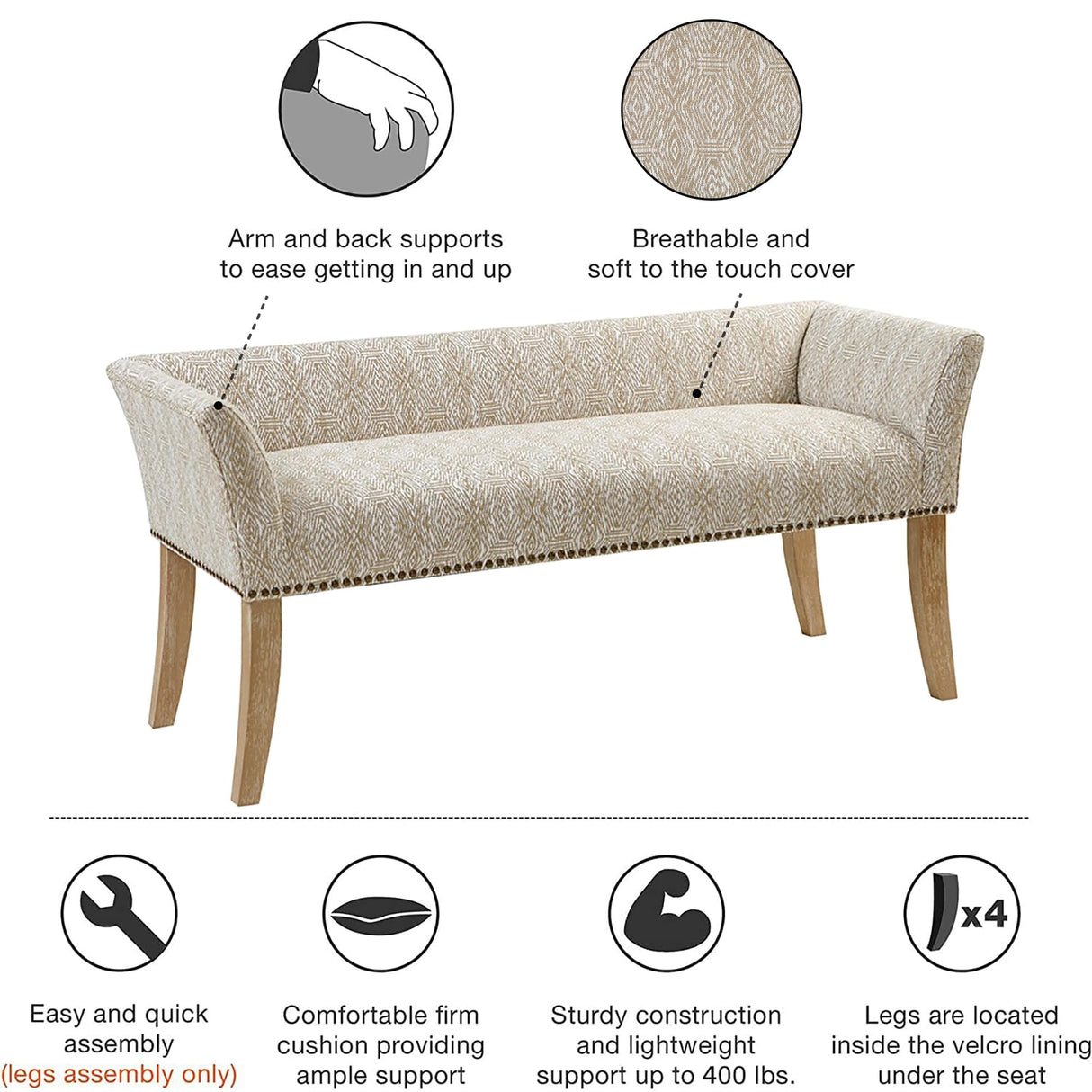 Madison Park Accent Bench for Living Room, Upholstered with Nailhead Trim, & Padded Seat Entryway Bench Small, Bedroom Furniture, End of Bed Bench with Back, 49.5" W x 19.25" D x 23" H, Taupe Multi Madison Park