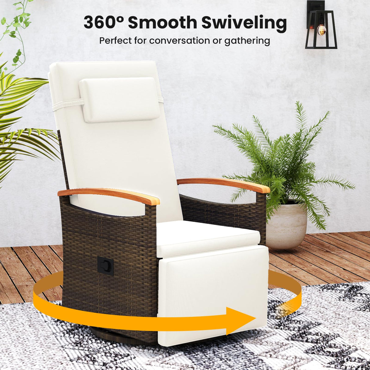 Tangkula Patio Rattan 360 Degree Swivel Recliner Chair, Wicker Lounge Chair w/Adjustable Backrest & Footrest, Cushioned Push Back Reclining Seat w/Flip Side Table for Porch, Yard, Lawn (Off White,1) Tangkula