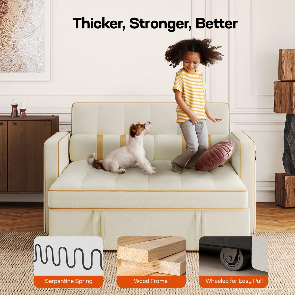 Amada 3 in 1 Convertible Sleeper Sofa Bed,Futon Couches for Living Room with with USB Ports & Side Pockets | Adjustable Backrest| Velvet Fabric | Pull Out Couch | Loveseat | Sectional Sofa Bed,White AMADA HOMEFURNISHING