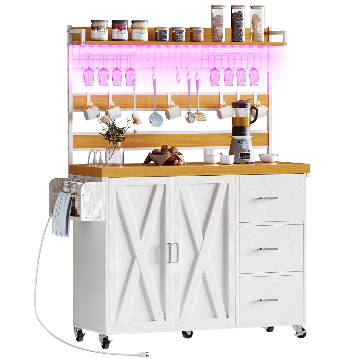 DWVO Farmhouse Bakers Rack with Power Outlet and LED Light, 53 inch Coffee Bar Cabinet Station with Storage, Microwave Stand on Wheels, with Wine Racks, Shelves, Goblet Holder and 14-S Hooks (White) DWVO