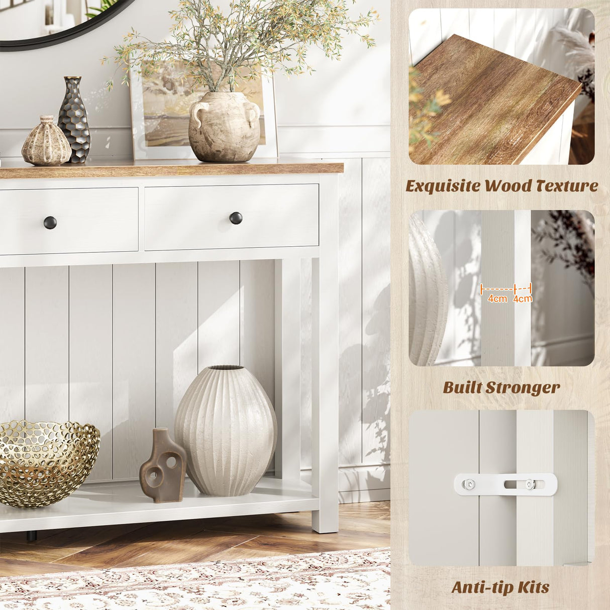 Homieasy Farmhouse Console Table with 2 Drawers, 32 Inch Small Sofa Table with Storage Shelf for Living Room, Behind Couch, Entryway Table for Hallway, Living Room, or Foyer, Rustic Brown and White Homieasy