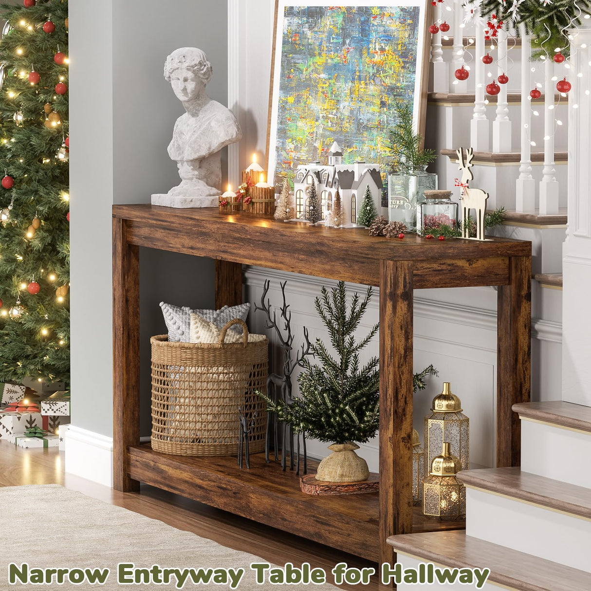 Besiost 47" Farmhouse Wood Entryway Table Narrow Console Table with Storage Behind Couch Sofa Table with Shelves Entry Way Table with Open Storage, Easy Assembly, Rustic Brown Besiost