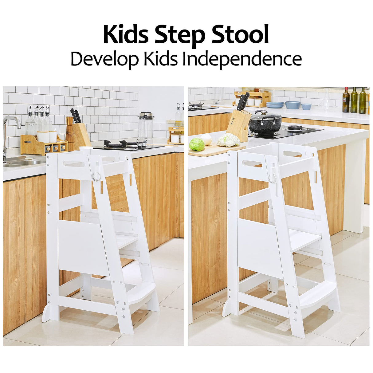 TOETOL Bamboo Toddler Kitchen Step Stool White Helper Standing Tower Height Adjustable with Anti-Slip Protection for Kids Kitchen Counter Learning TOETOL