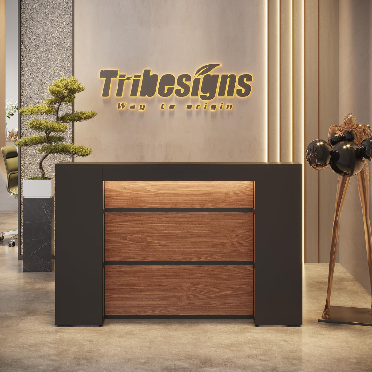 Tribesigns Modern Reception Desk with LED Lights, 63 Inches Front Counter Table for Reception Room, Lobby, Beauty Salon, Retail, Large Checkout Counter for Store Shop Clinic Office (Black&Brown) Tribesigns