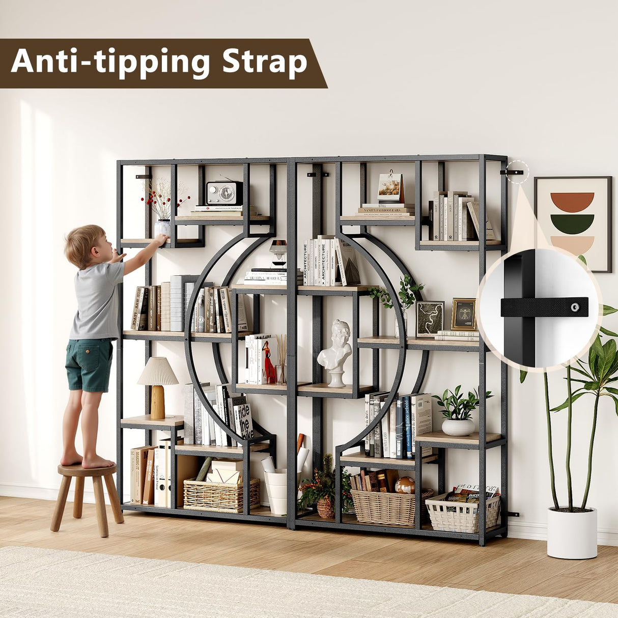 LGHM Industrial 5-Tier Bookshelf with Storage, 70.9 Inch Tall Large Display Bookcase - Modern Metal Standing Shelves for Living Room, Office and Bedroom, Set of 2, Greige LGHM